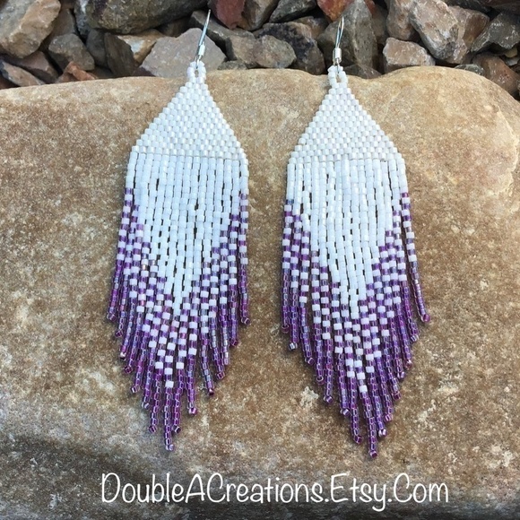Purple Rainbow Lined and White Beaded Earrings, New, Handmade by Me - Picture 4 of 7